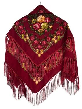 Aratta Silent Journey Floral Fringe Red Shawl Scarf NWOT
